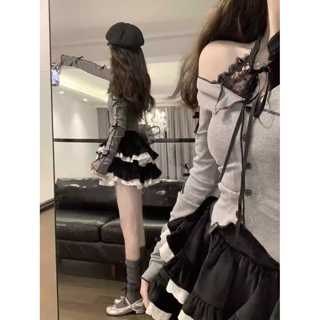 灰色长袖柔软开衫搭配黑色丝绒短裙女甜美风纯欲套装上衣涤纶材质