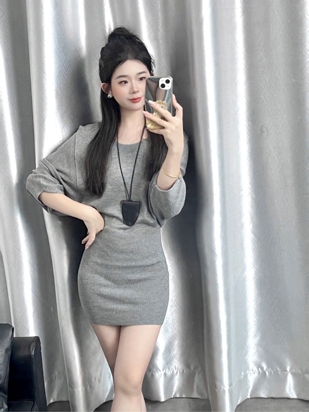 【虎妹推荐】小个子早秋蝙蝠袖U领针织裙