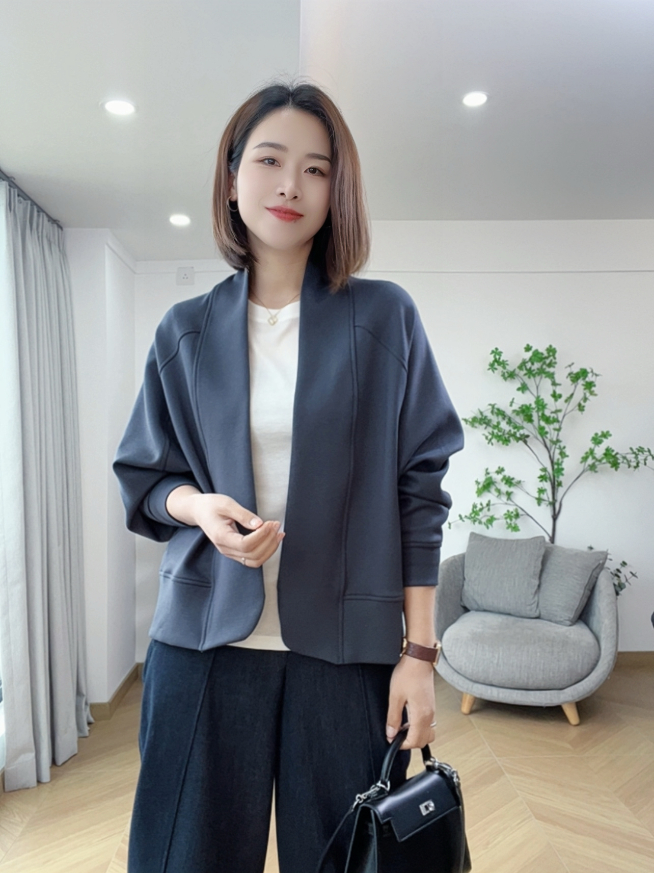 【希辰】简约百搭高级质感滑棉垂坠感休闲宽松蝙蝠袖外套女 15553  