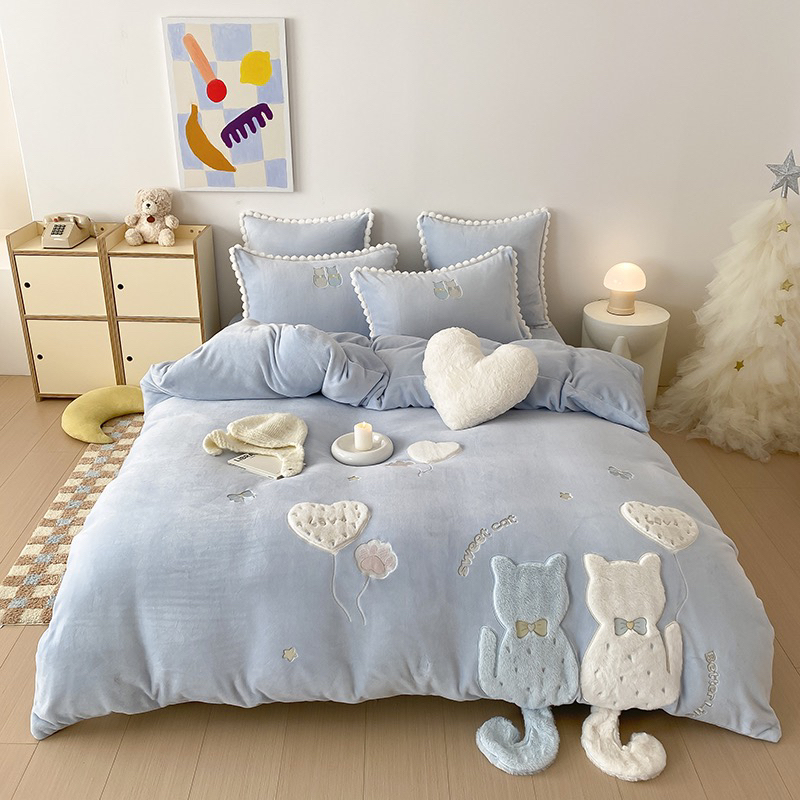 【喵星人】奶呼呼高克重加厚贴布绣刺绣牛奶绒四件套