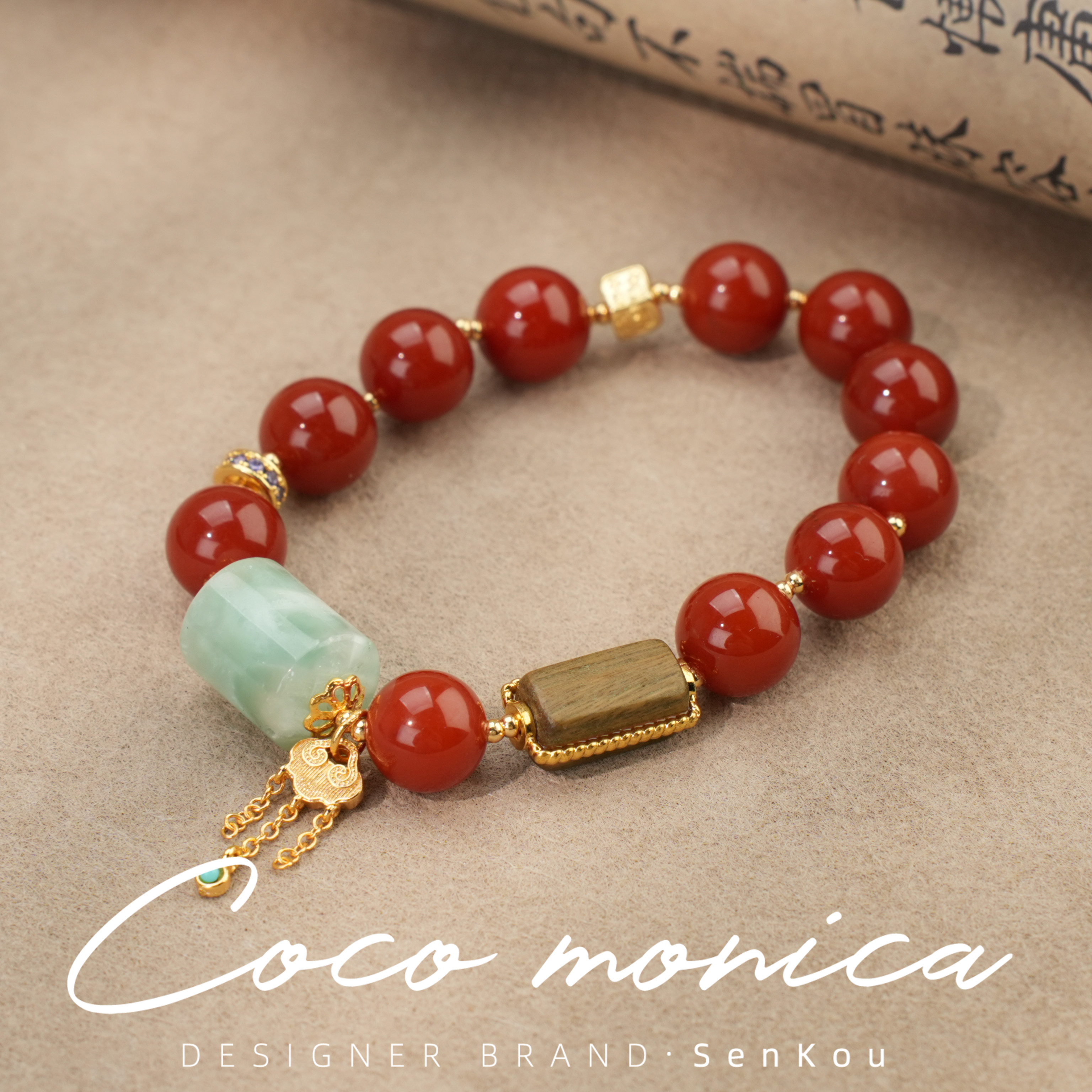 【小霞珠宝】南红手链 绿纹石气质百搭红色珠珠单圈 AD312