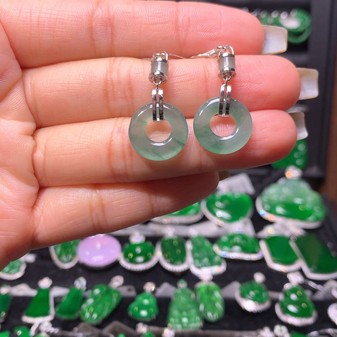 翡翠耳饰银S925镶嵌甜甜圈耳钩