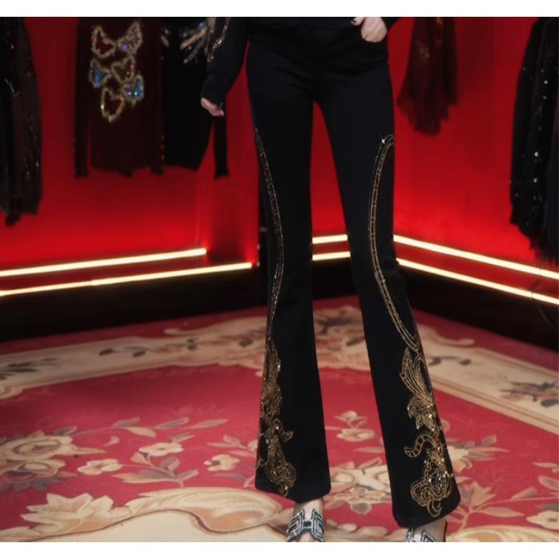  2267新款金边凤凰重工烫钻显瘦微喇裤Y440