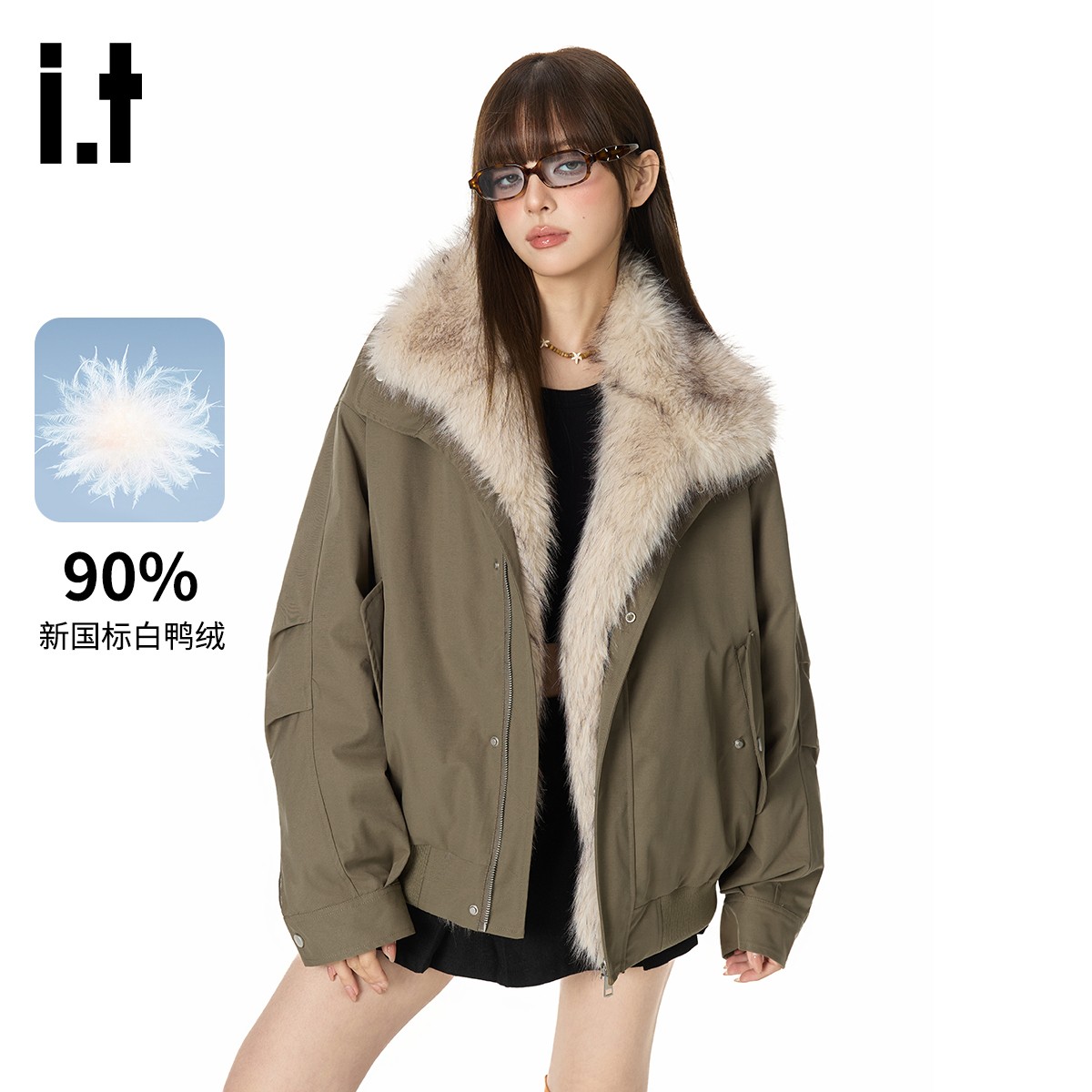 i.t GROUNDZERO 座山雕可拆卸毛领加厚保暖防寒工装夹克式羽绒服X