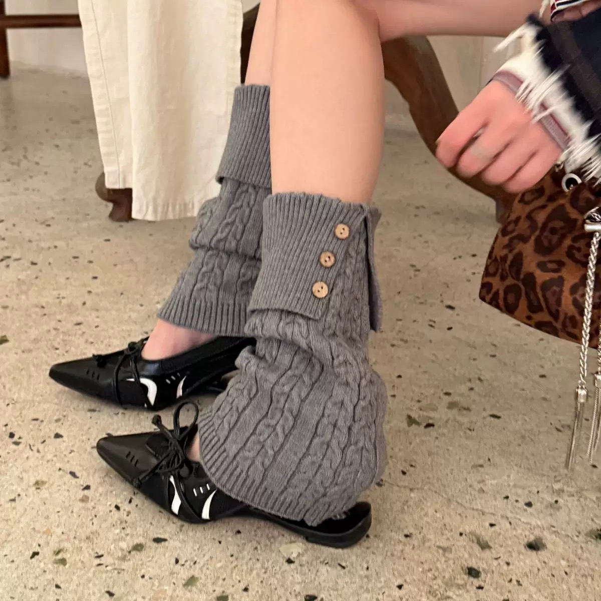 秋冬复古麻花针织袜套纽扣翻边保暖显瘦时尚小腿堆堆袜套