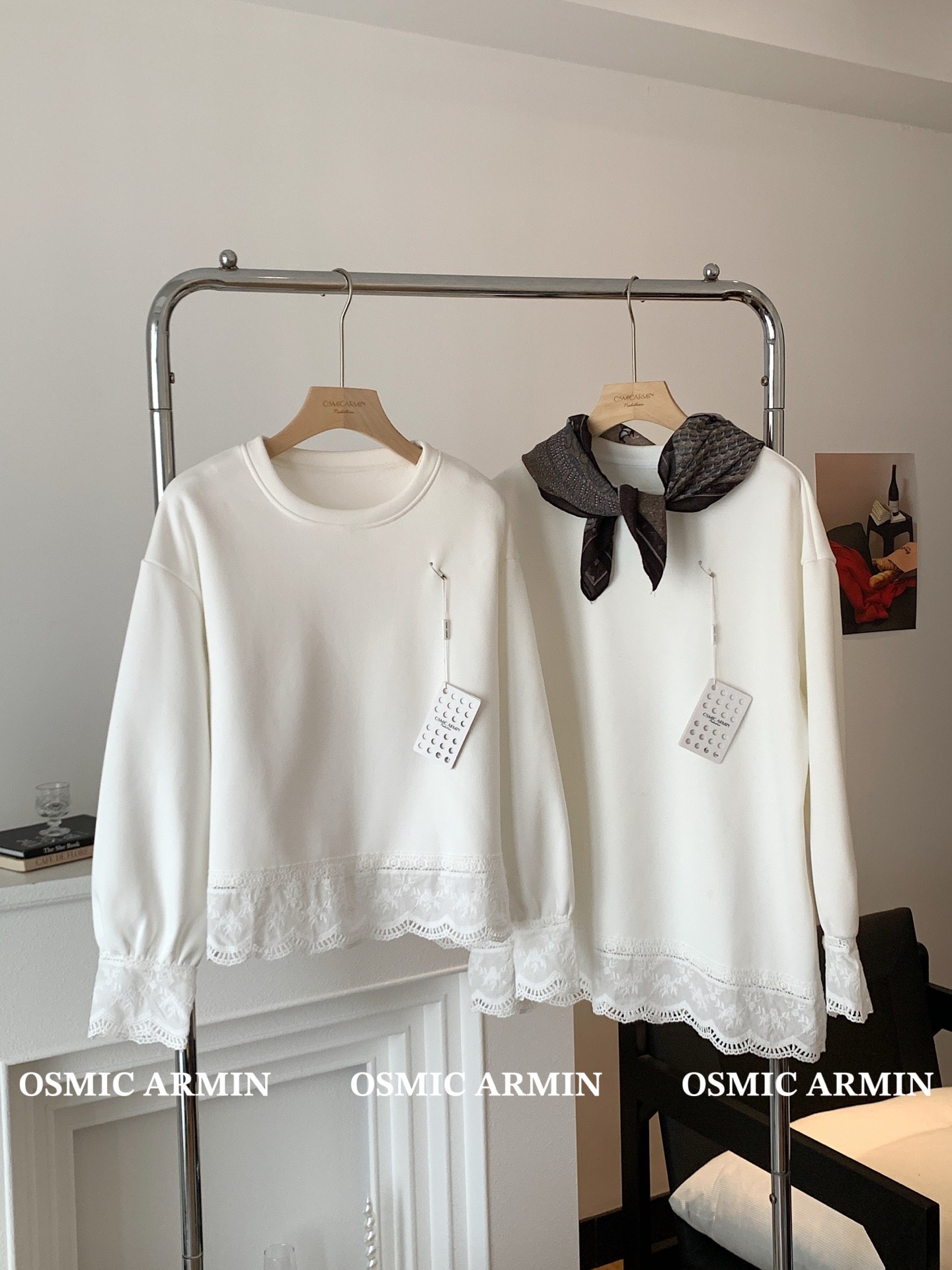 运补【双面磨毛】拼接蕾丝长袖T恤女圆领镂空花边百搭显瘦宽松内搭