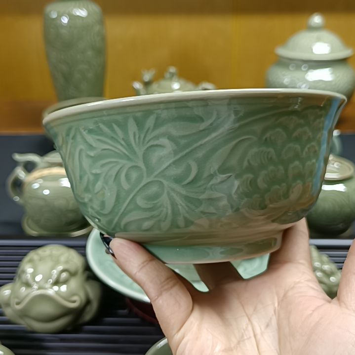 耀州窑青瓷塔式牡丹碗5.5寸2只