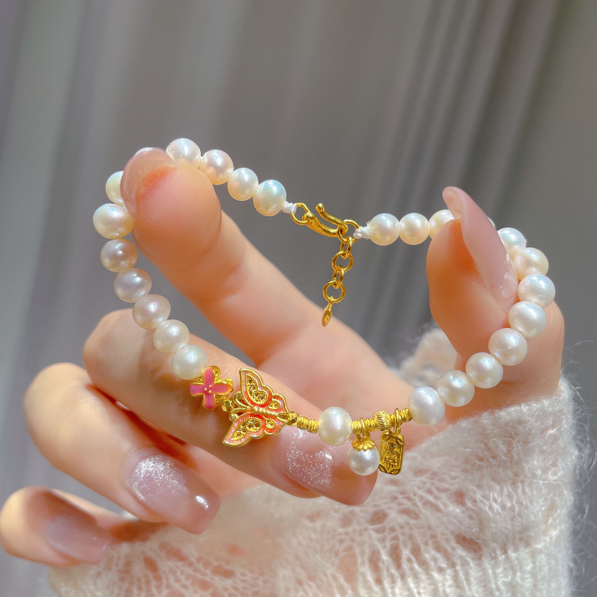 瑞诺黄金花丝蝴蝶手链2025新款蹦迪珠手串足金999生日礼物送女友 