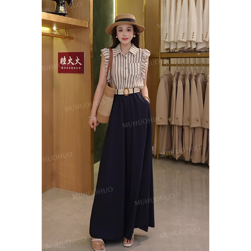 【夏光漫调】条纹小飞袖衬衫+高腰阔腿裤气质两件套女【送腰带】2568#