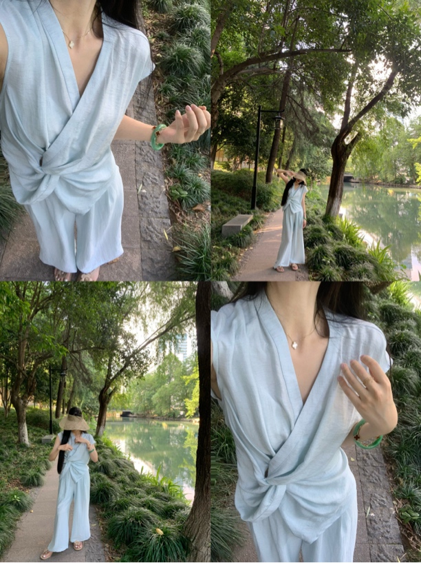 灰灰呀！1022 韩代工作室 设计感百搭无袖衬衫+高腰百搭休闲裤套装