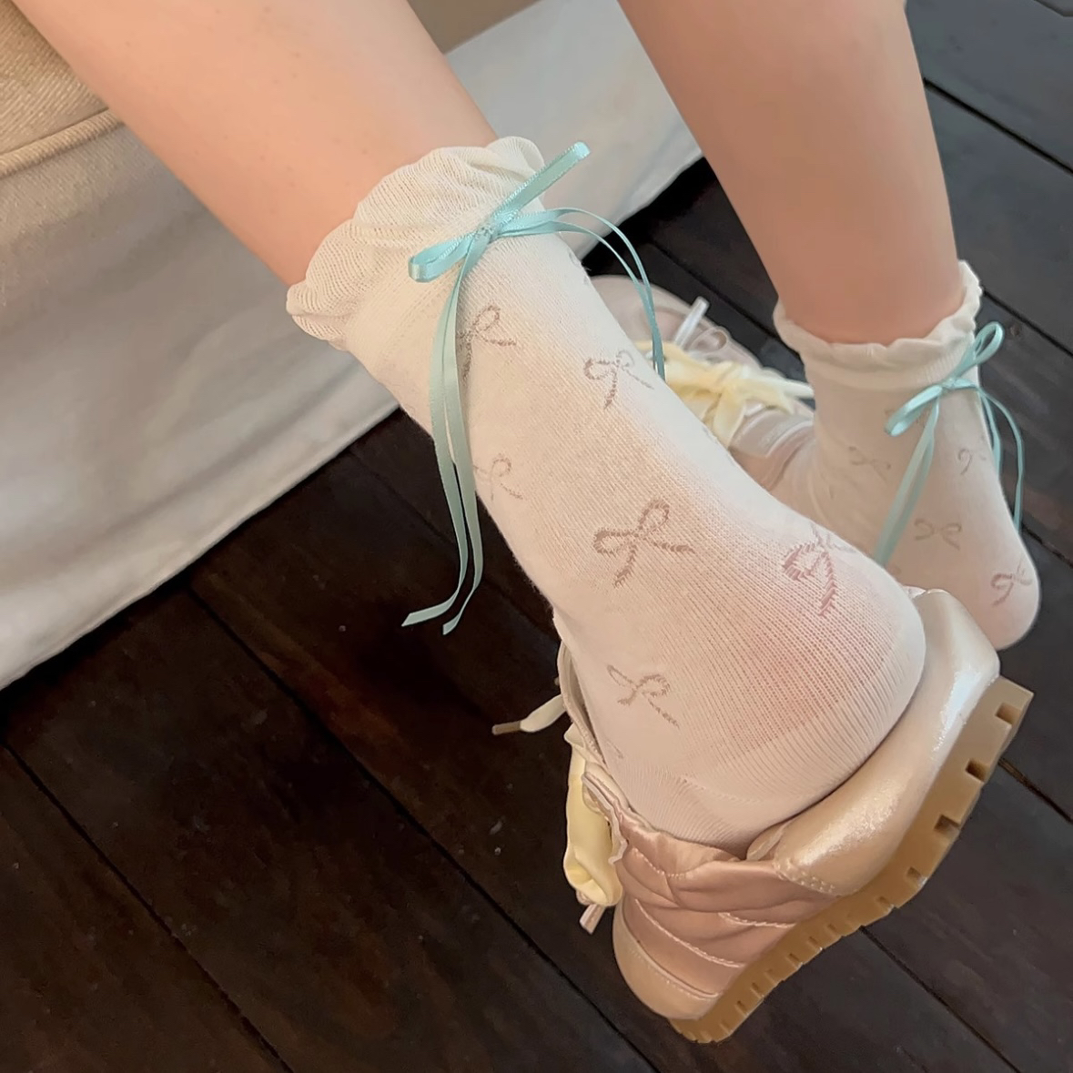 日系Jk后跟蝴蝶结飘带中筒堆堆袜芭蕾舞少女袜