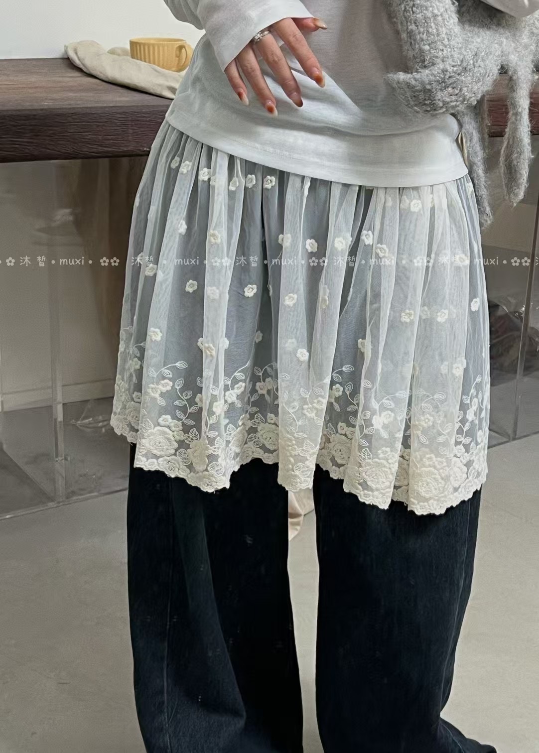 森系少女搭配精美刺绣花朵蕾丝叠穿屁帘四季百搭层次感半身裙