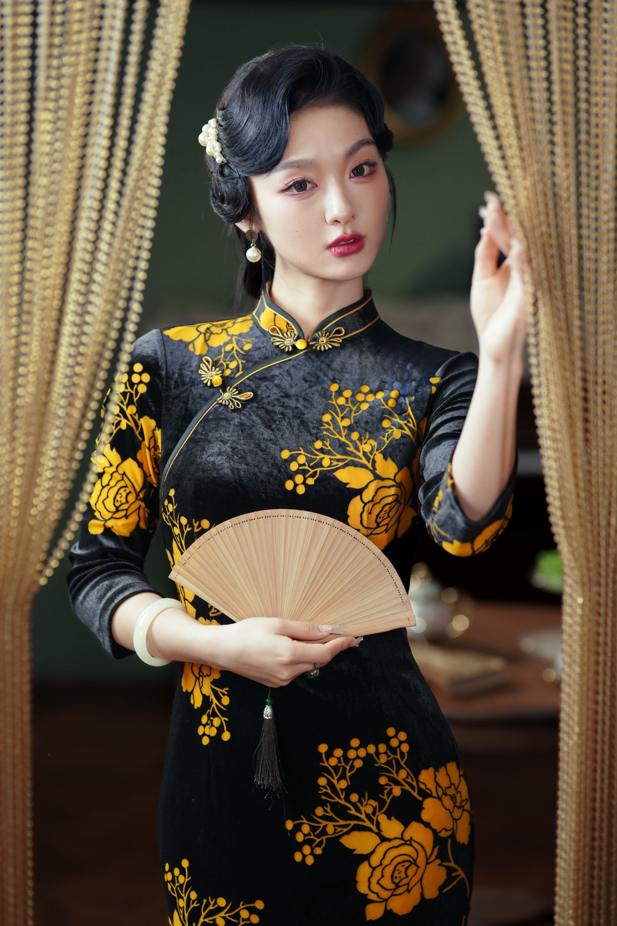 旗袍 长款  丝绒款（衣长约125cm）故事的小黄花 C654