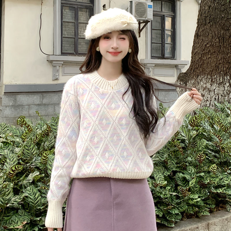奶呼呼菱格毛衣女慵懒风软糯宽松套头针织衫上衣