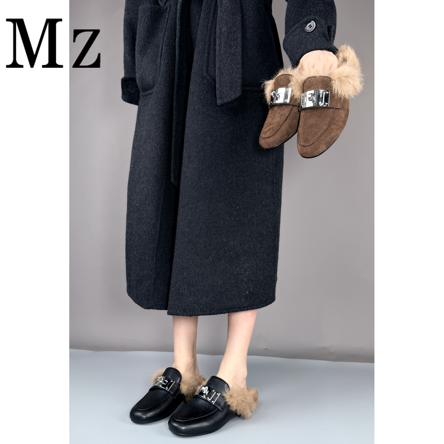 Mr.Zheng/3.5cm/凯莉扣穆勒鞋时尚百搭真皮羊毛拖鞋后空懒人女鞋