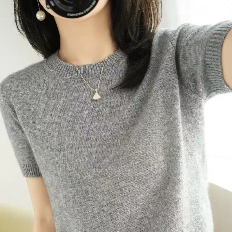 圆领秋季针织宽松短袖秋冬女韩版毛针织衫短袖针织衫百搭显瘦