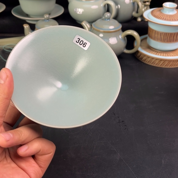 摆件天蓝釉汝瓷汝瓷仿古斗笠杯手工