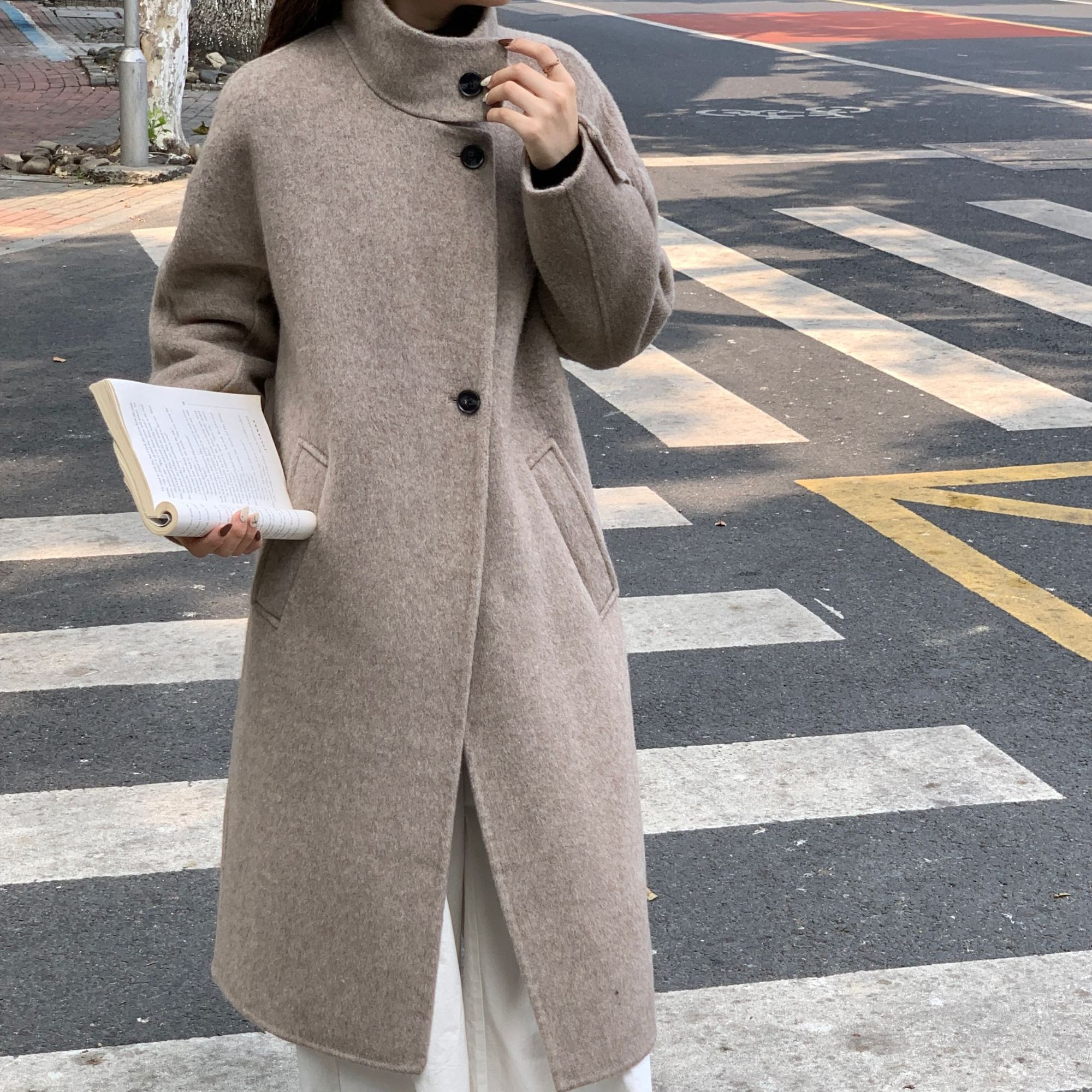 秋冬新款双面呢大衣羊驼毛羊毛气质韩系立领中长款单排扣羊毛外套