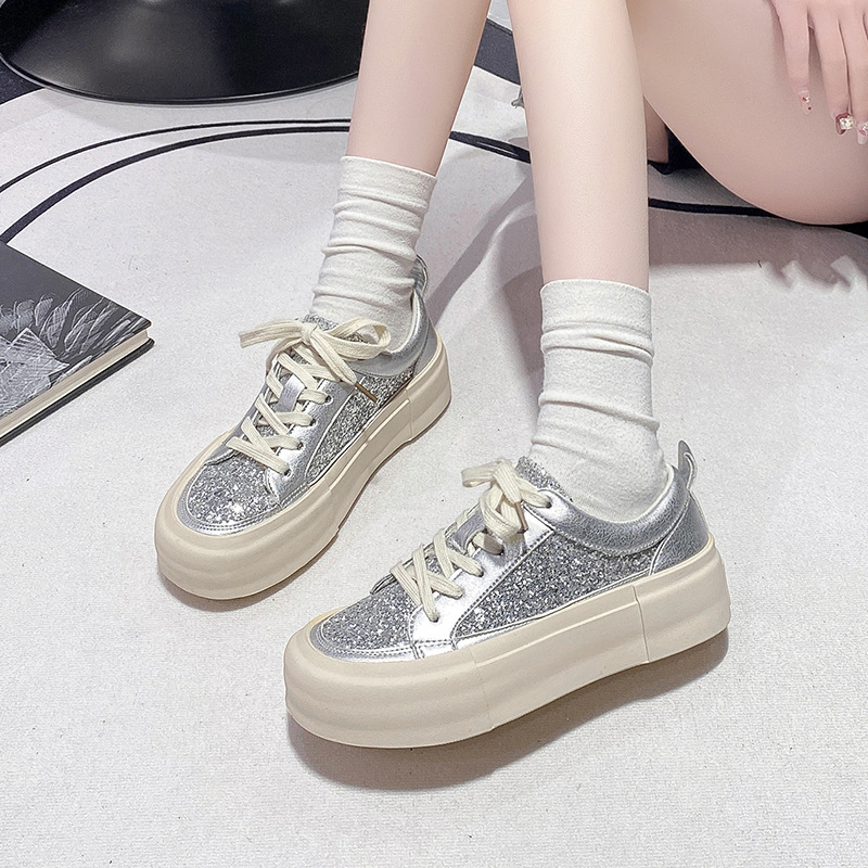 休闲单鞋女2025新款厚底闪钻做旧脏脏鞋休闲运动鞋子女鞋百搭 