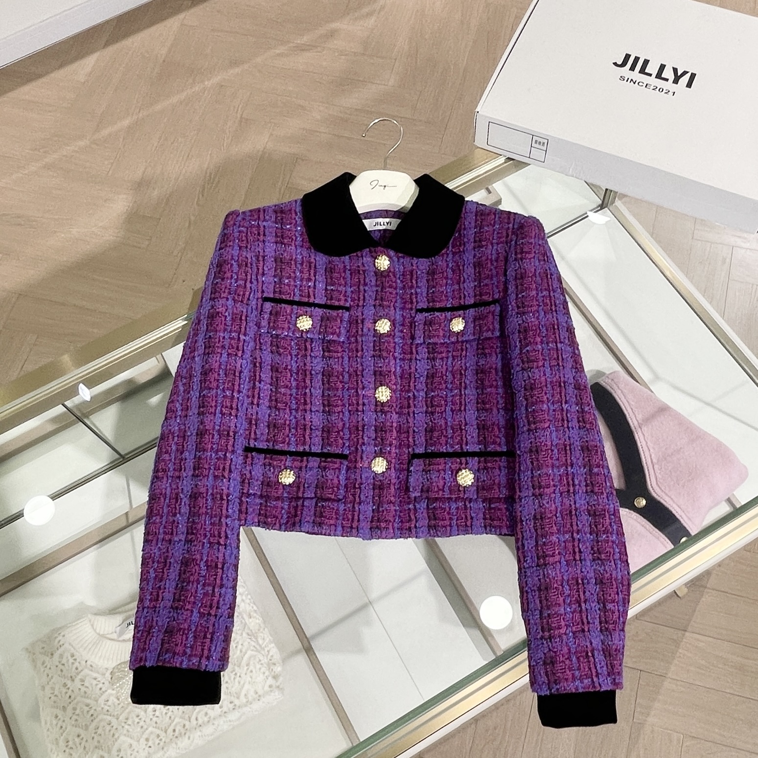 JILLYI【梦幻紫】香香子菱格粗花呢紫色气质时尚套装外套