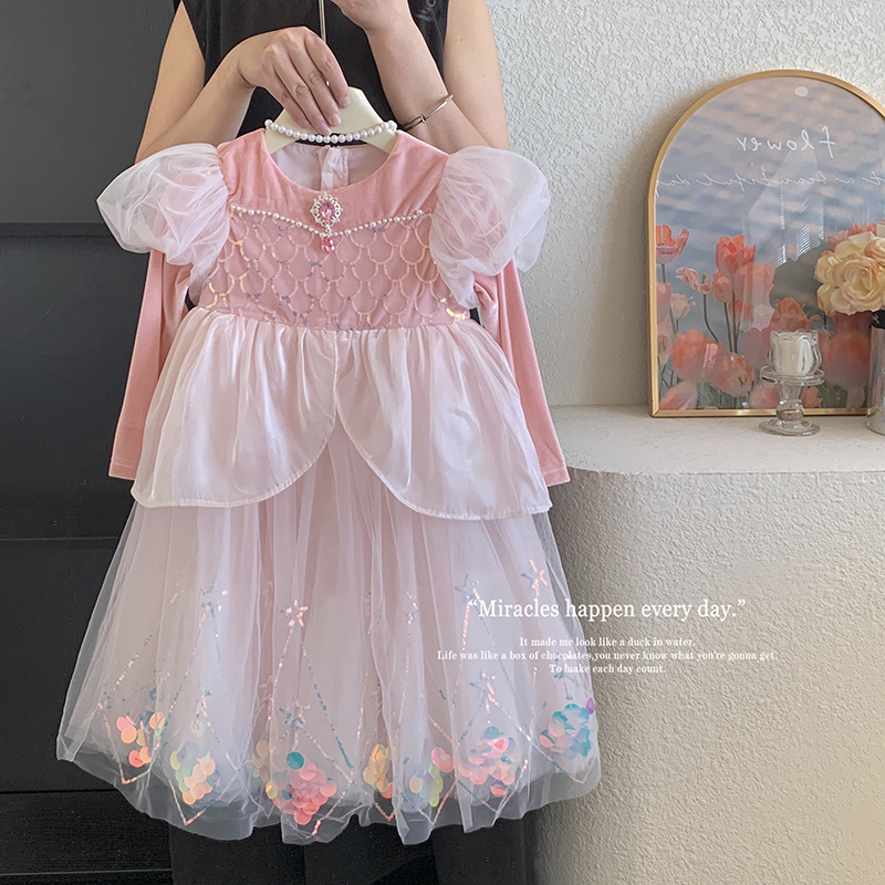 【本妈】秋”公主物语"女童泡泡袖披风网纱亮片连衣裙80077 39‘9’