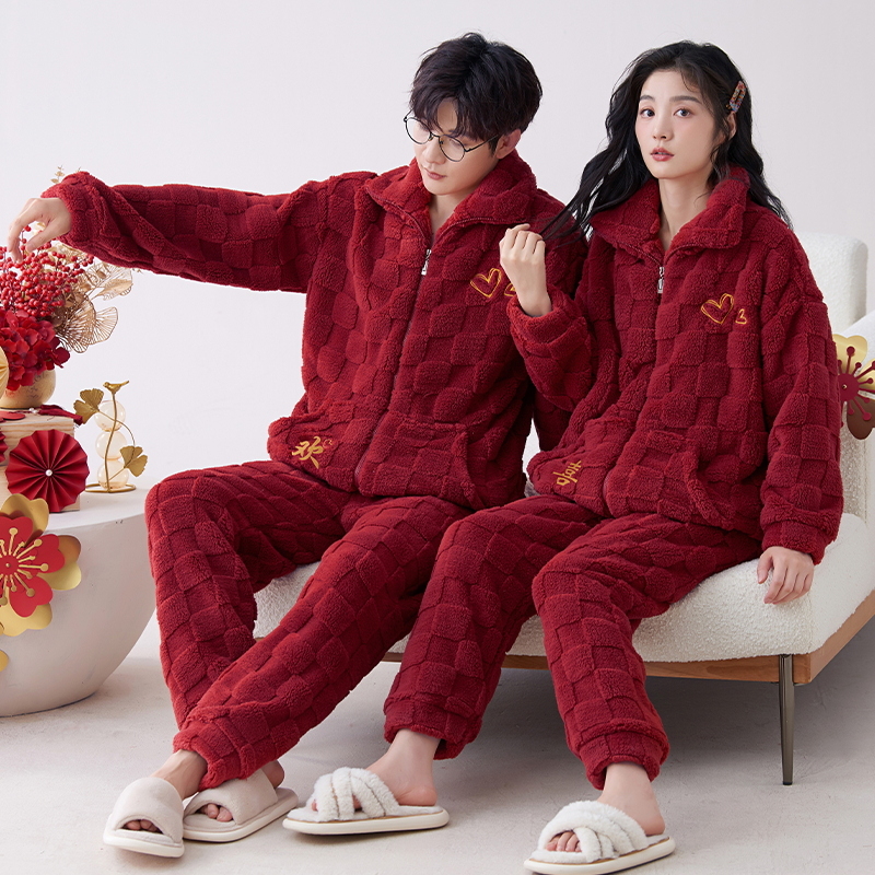 情侣睡衣女秋冬季珊瑚绒加厚加绒可外穿男家居服结婚红色套