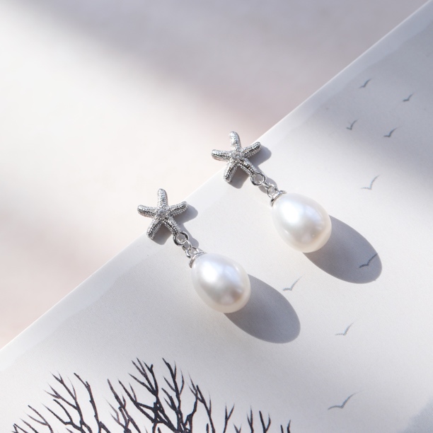 S925银海星珍珠耳钉天然淡水7-8mm珍珠