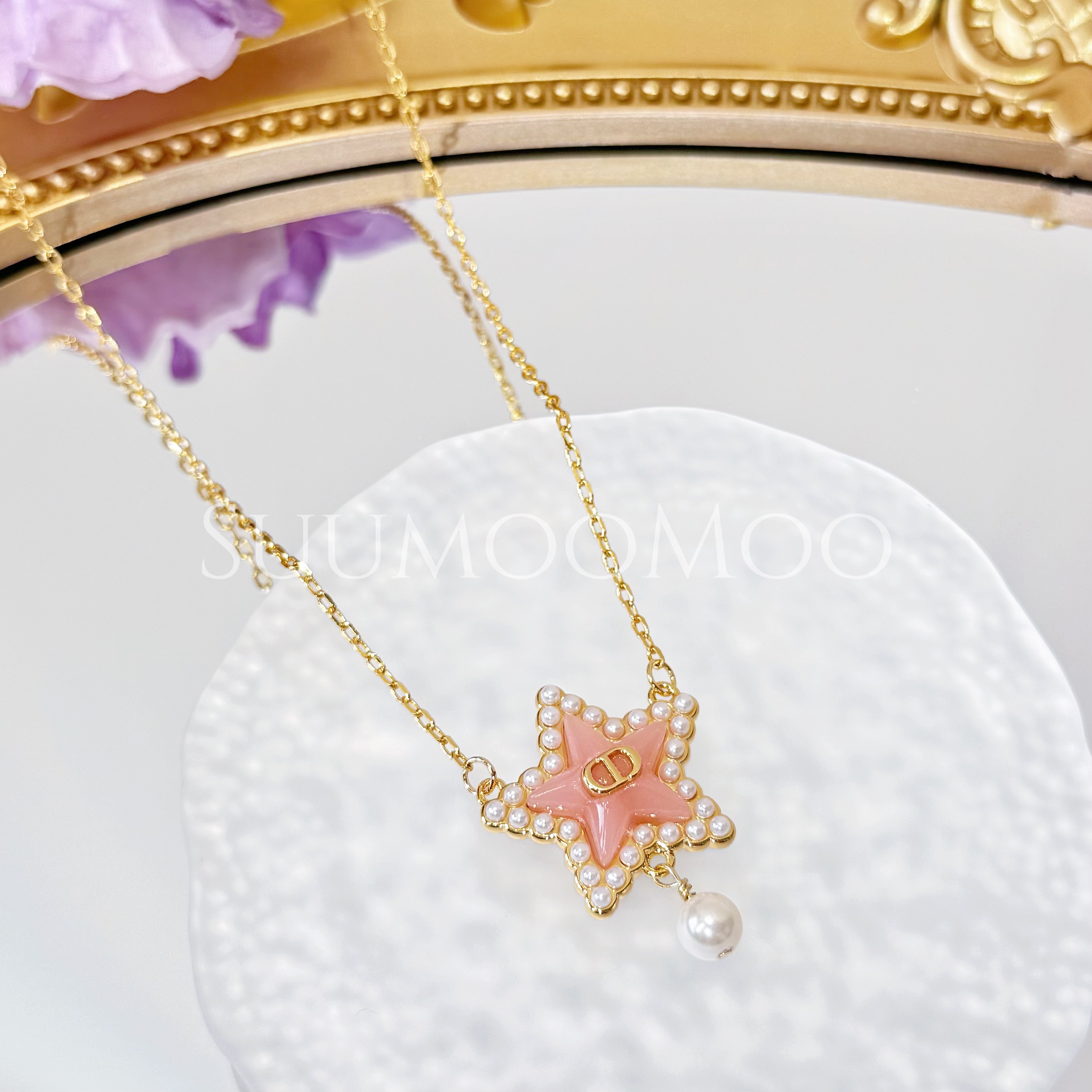 铜合金合成锆石项链 法式轻奢时尚粉色五角星项链