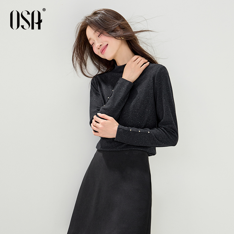 OSA/欧莎 亮闪双面绒针织打底衫T恤女新内搭半高领上衣S125C11026