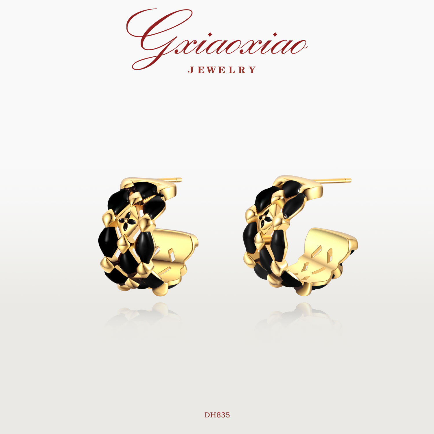 G XIAOXIAO 镀K金【情人节】法式复古黑金色菱格花朵耳环 DH835