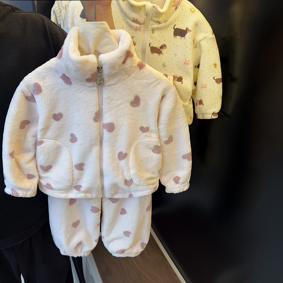 女童25秋冬新款立领拉链家居服套装宝宝韩系双面加厚保暖休闲套
