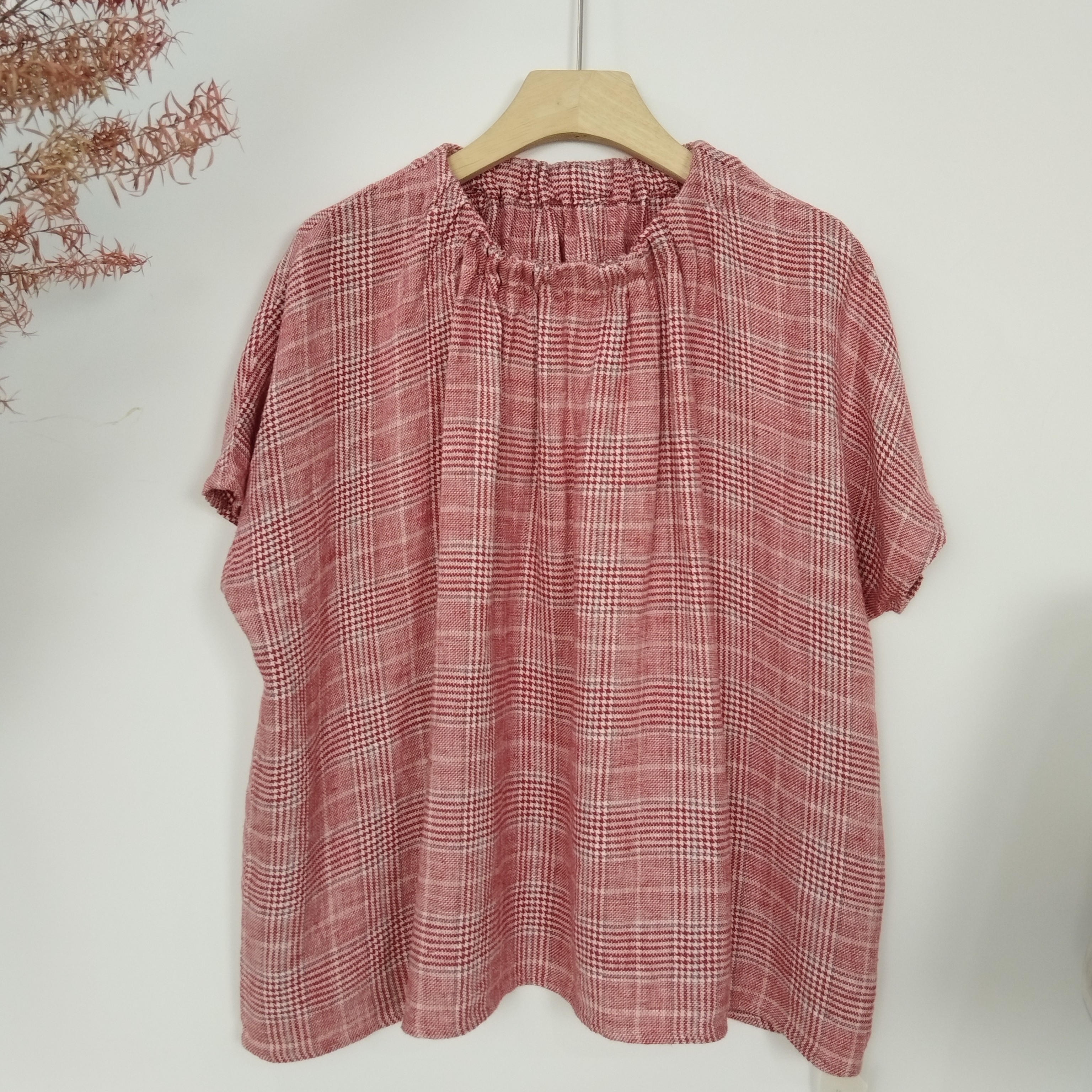 女装复古文艺休闲宽松百搭休闲格子松紧圆领衬衣（F2771）