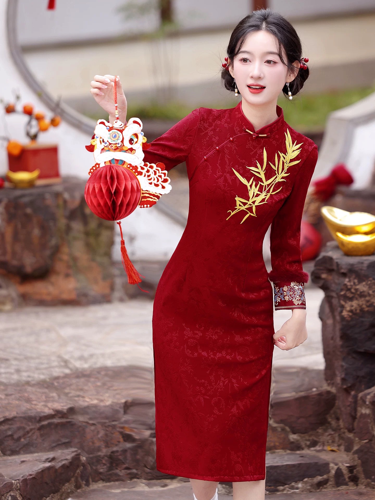 红色旗袍冬季加绒加厚新中式敬酒服小个子过年拜年服新年战袍冬装