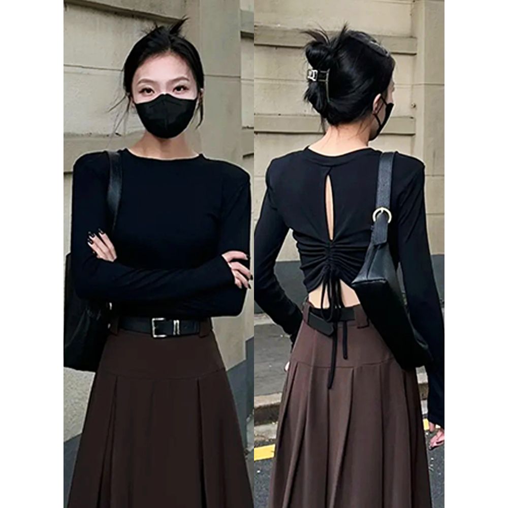 辣妹风露背不规则开叉性感上衣修身显瘦抽绳设计感长袖打底衫女装