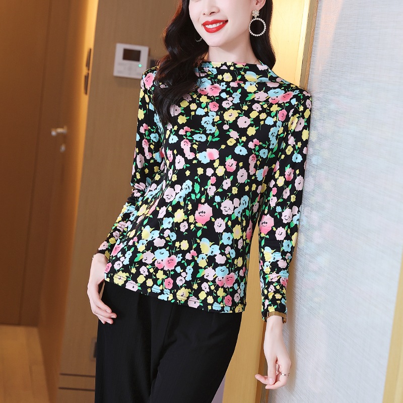 桑蚕丝半高领长袖T恤女真丝印花针织修身显瘦上衣打底衫3354