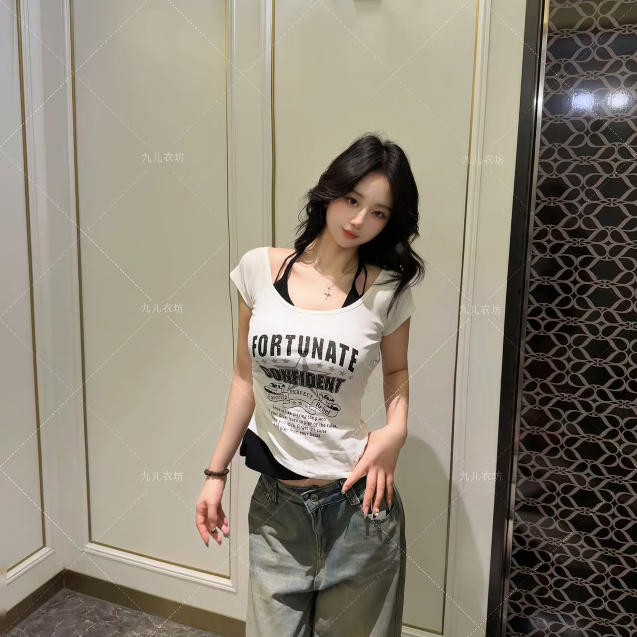 2025夏季新款小心机挂脖背心假两件休闲短款百搭甜美t恤上衣女潮