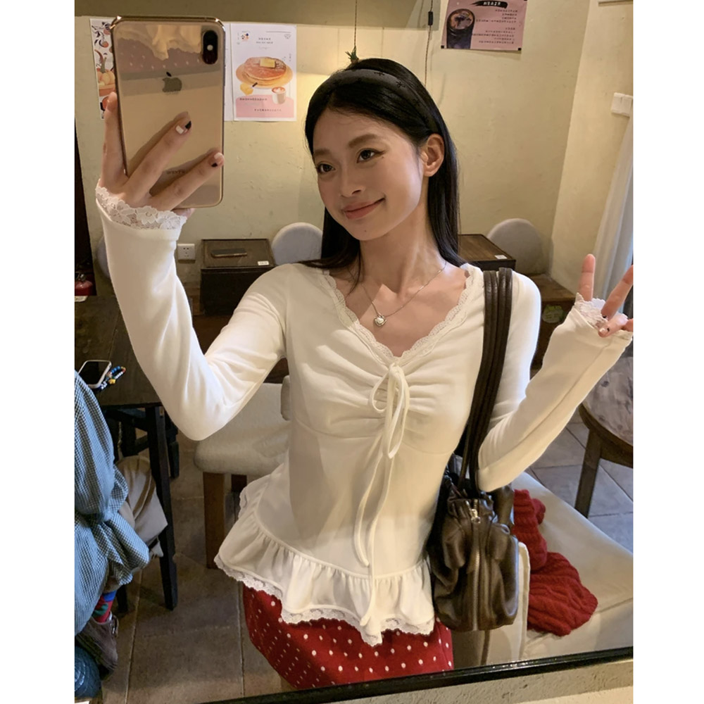 【韩系柔甜蕾丝边抽绳荷叶边内搭】修身显瘦内搭打底衫上衣W1221