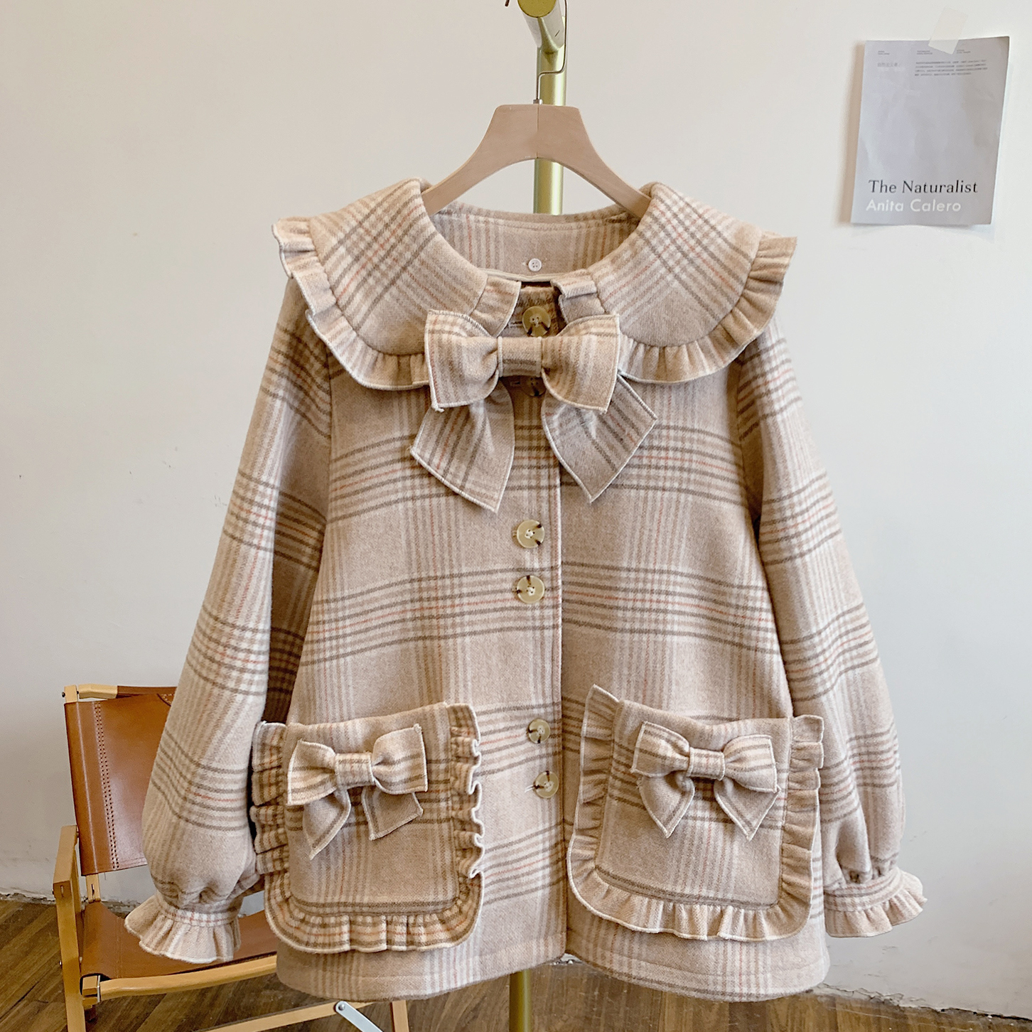 可丽饼Y4056格纹蝴蝶结可脱卸夹棉内胆娃娃领毛呢外套