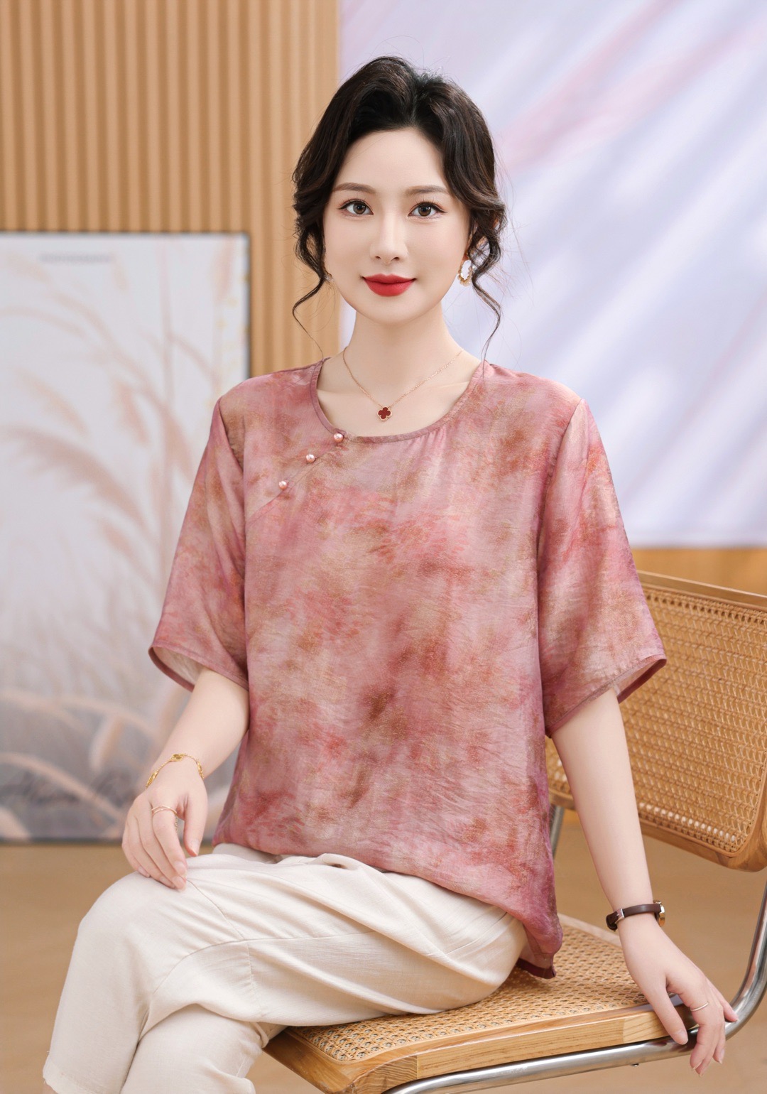 2025古法高定珍珠扣提花小衫宽松百搭减龄上衣薄款