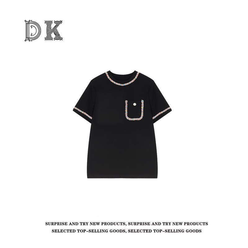 DK 2025春夏新款 修身显瘦花边设计感简约圆领短袖T恤 92562