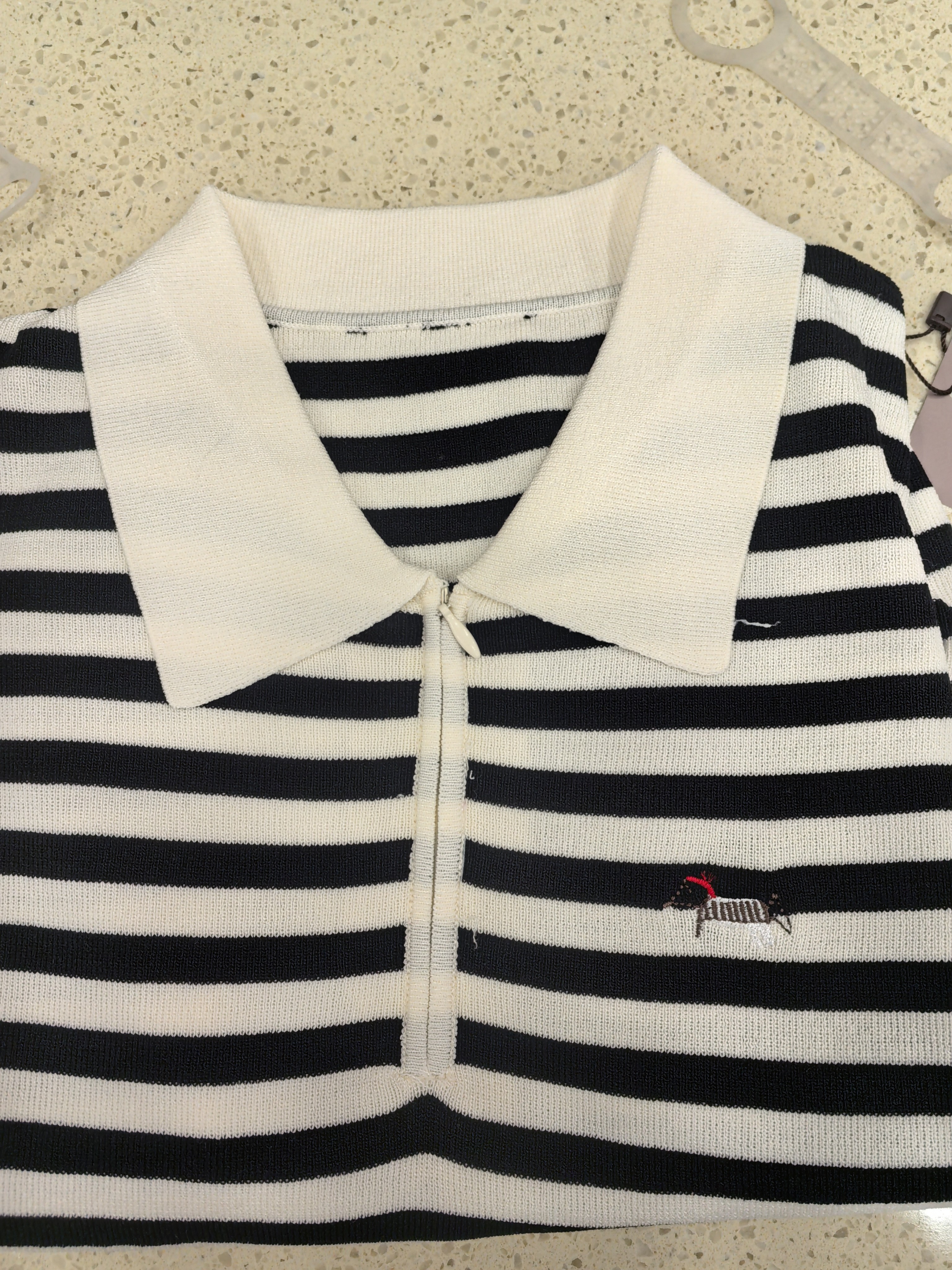 时尚polo领条纹半拉链短袖t恤女复古百搭上衣ins550