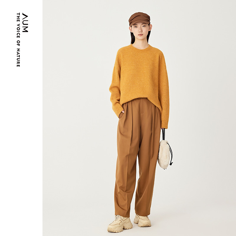 【达人专享】AUM/噢姆复古百搭通勤纯色休闲宽松直筒绵羊毛裤子