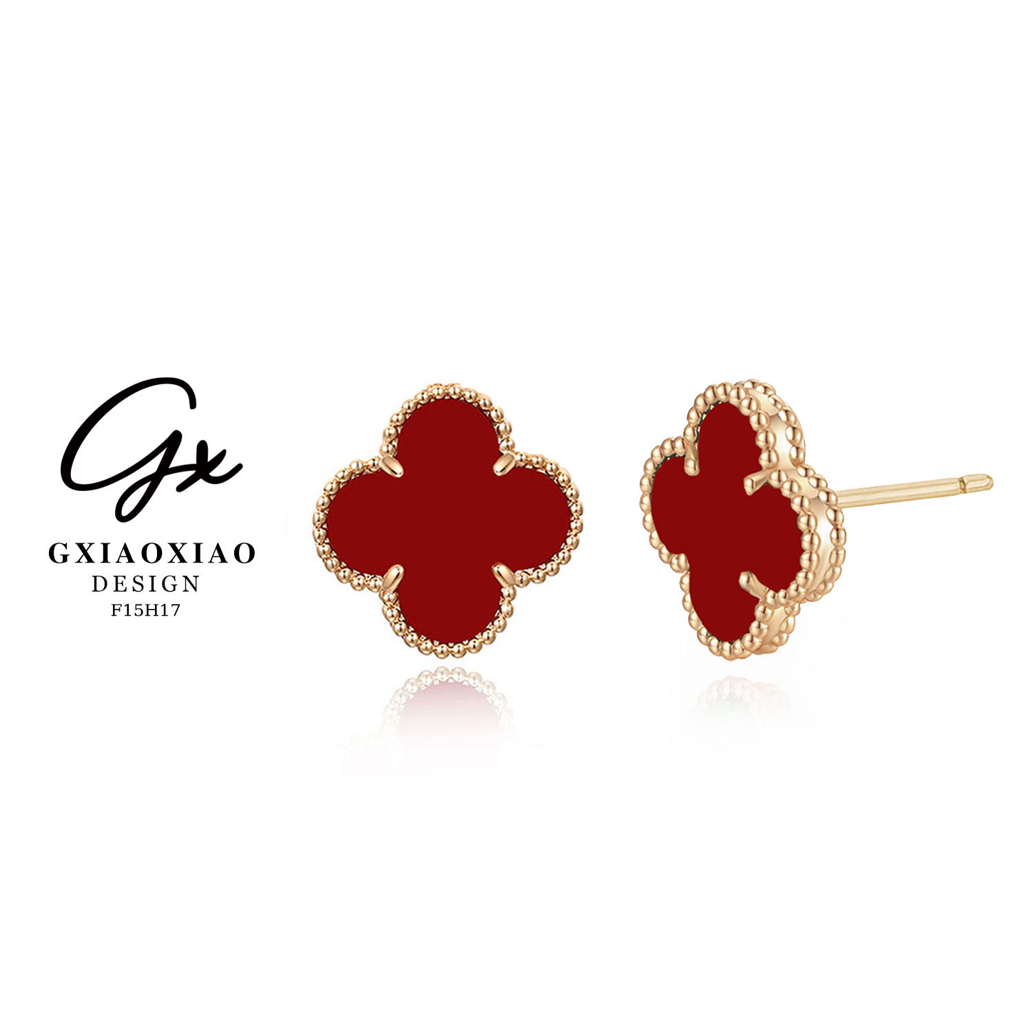 镀K金 法式高级感千金风中号红色四叶花耳环 F15H17