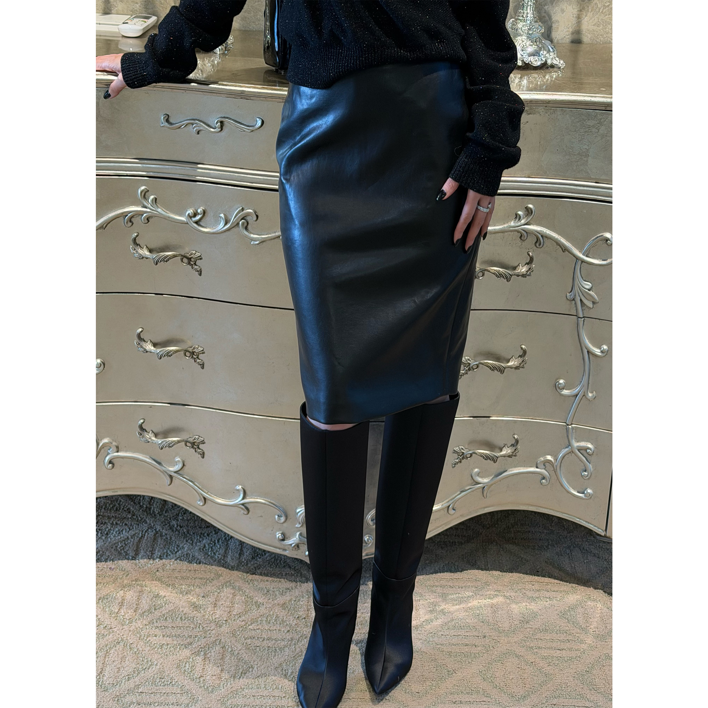 【高奢皮裙】黑色开叉高腰修身包臀裙2025时尚百搭半身裙 LX59AL223