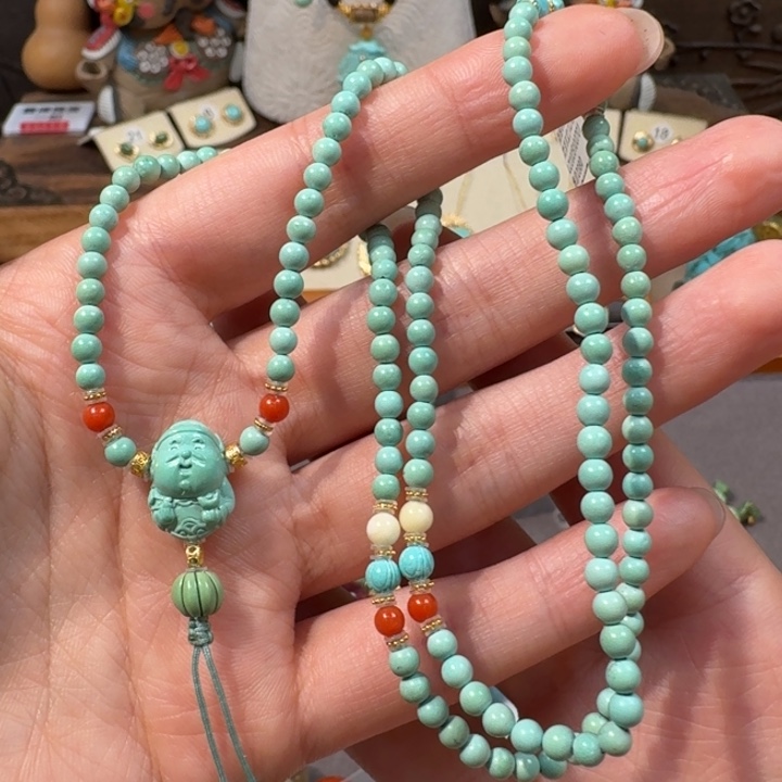 绿松石18K金镶嵌项链财神