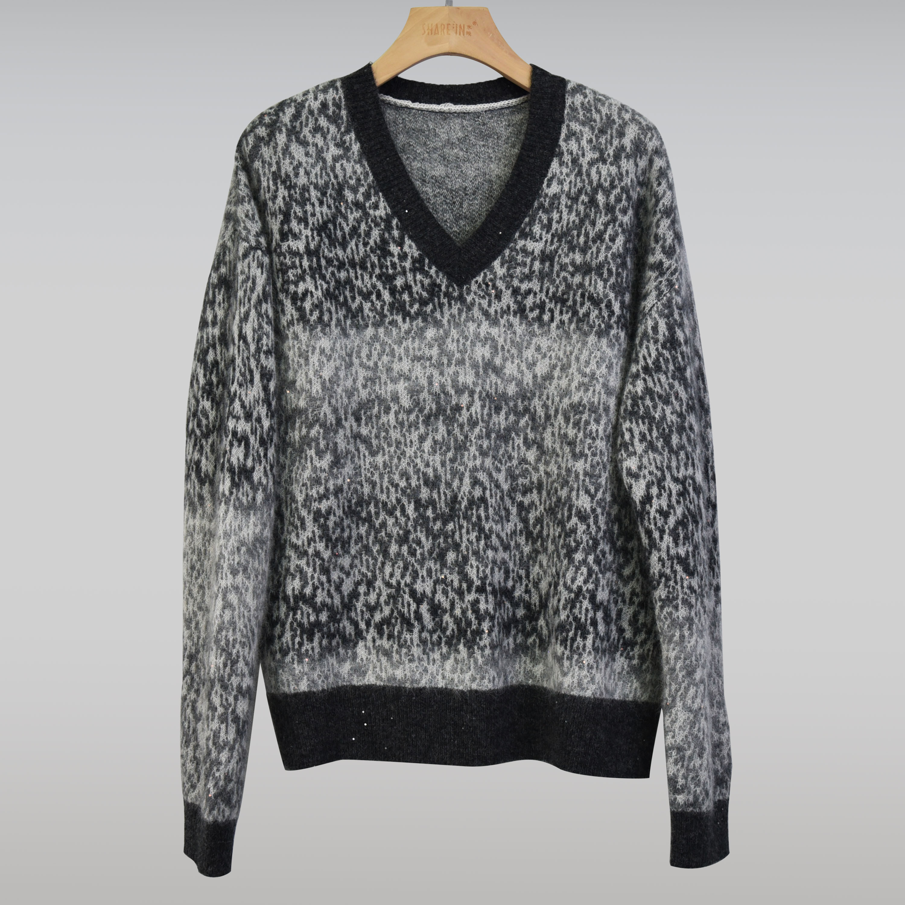 sayin/水映【针织衫】灰色v领廓形石斑纹杂色毛衣针织衫 S5553