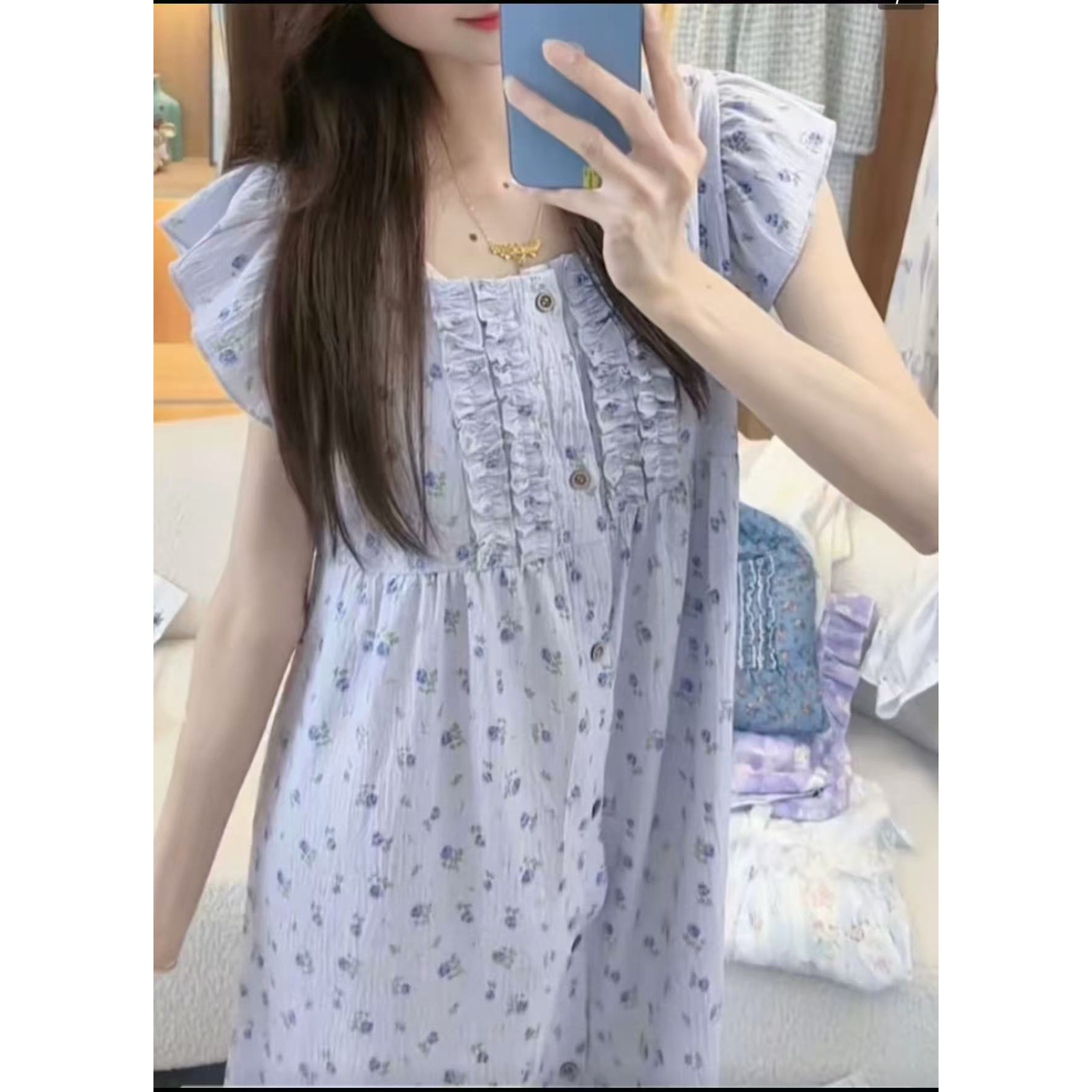 夏季少女款薰衣草带胸垫短袖睡裙