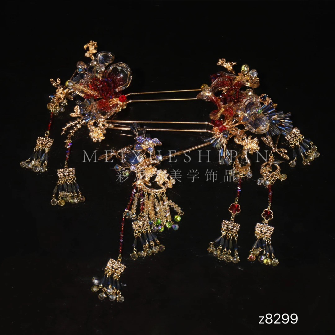 z8299新款红蓝撞色蓝色发簪精致大气中式婚礼秀禾古风新娘头饰