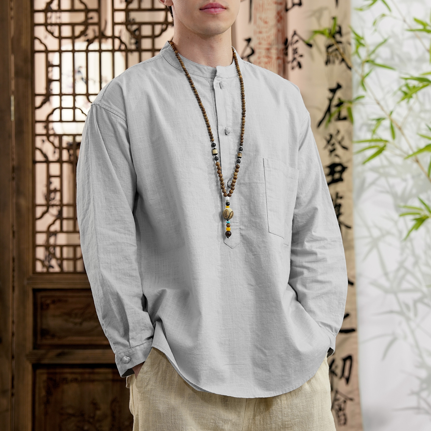 男士新中式棉麻衬衫休闲立领中国风纯色秋季老钱风长袖套头上衣