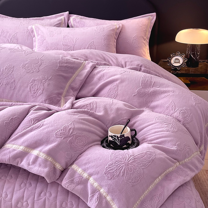 水星家纺冬季牛奶绒床盖四件套加厚保暖毛绒被套纯色双面绒床裙款